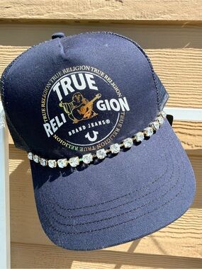 True Religion Navy Blue Logo Baseball Cap with Crystal Chain